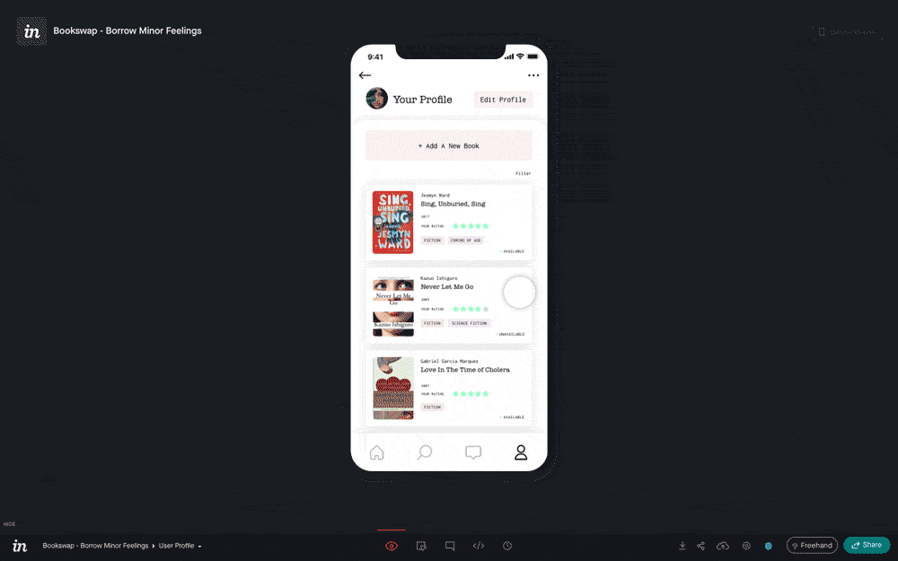 The user profile screen of the prototype is shown in the Invision website. The user clicks on one of the books, revealing the book page, which has reviews, and Edit button, and a Share link for sending recommendations. Then the user clicks the back button and then clicks on another book page.